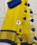 Lemon Yellow And Royal Blue Border Solid Pure Linen Saree