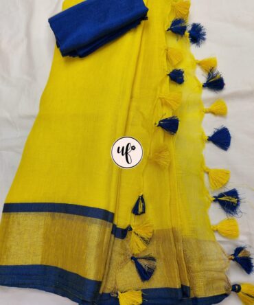 Lemon Yellow And Royal Blue Border Solid Pure Linen Saree