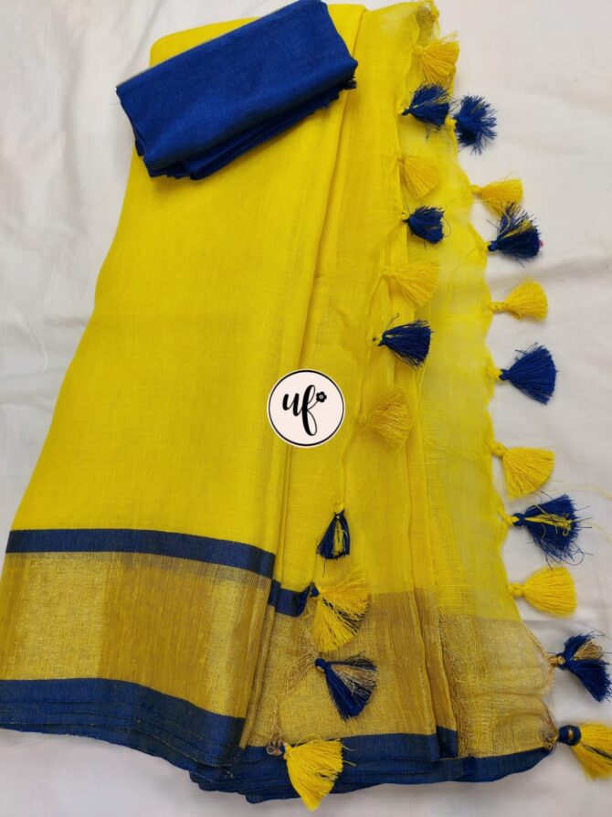 Lemon Yellow And Royal Blue Border Solid Pure Linen Saree