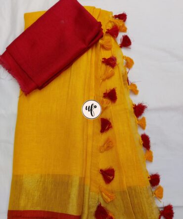 Mustard Yellow And Red Border Solid Pure Linen Saree
