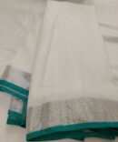 White And Teal Green Border Cotton Linen Saree