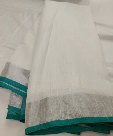 White And Teal Green Border Cotton Linen Saree