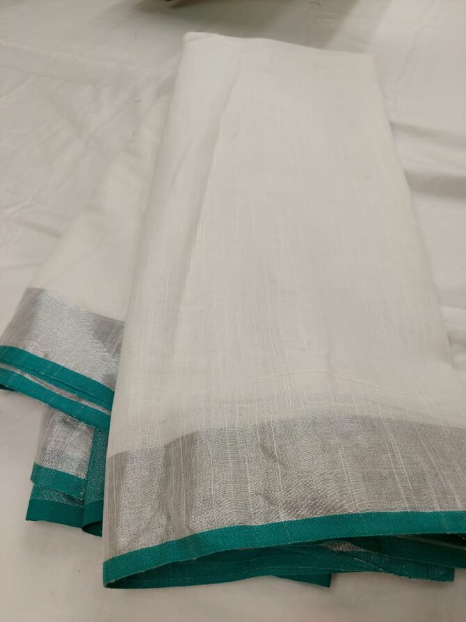 White And Teal Green Border Cotton Linen Saree