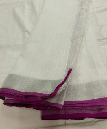 White And Purple Border Cotton Linen Saree