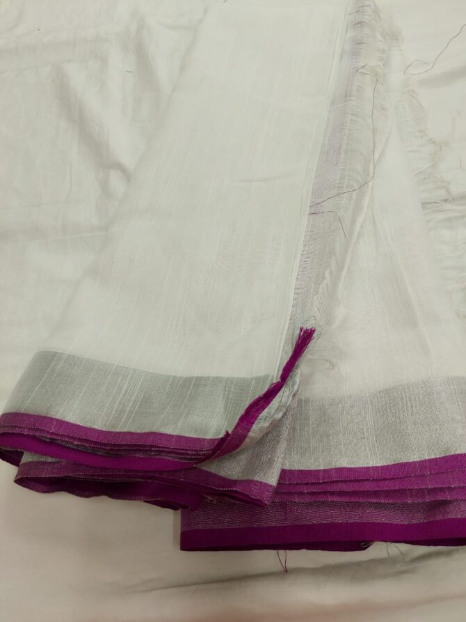 White And Purple Border Cotton Linen Saree