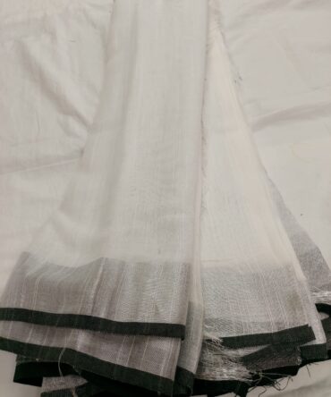 White and Black Border Cotton Linen Saree