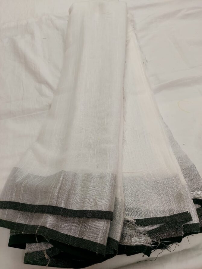 White and Black Border Cotton Linen Saree