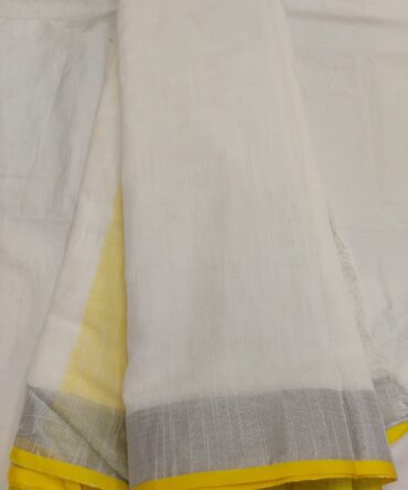 White And Yellow Border Cotton Linen Saree