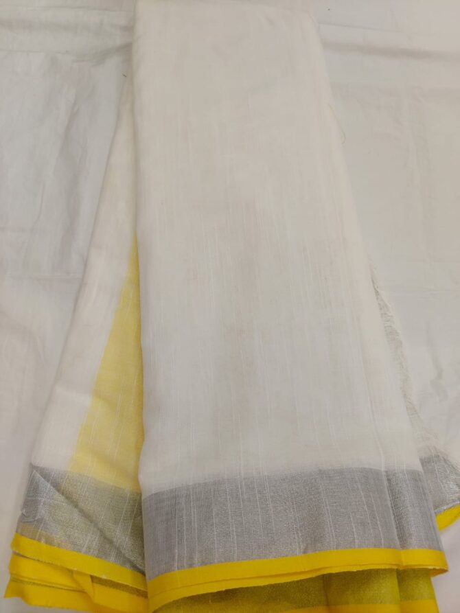 White And Yellow Border Cotton Linen Saree