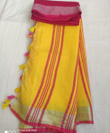 Yellow with Pink Golden Border Cotton Linen Saree