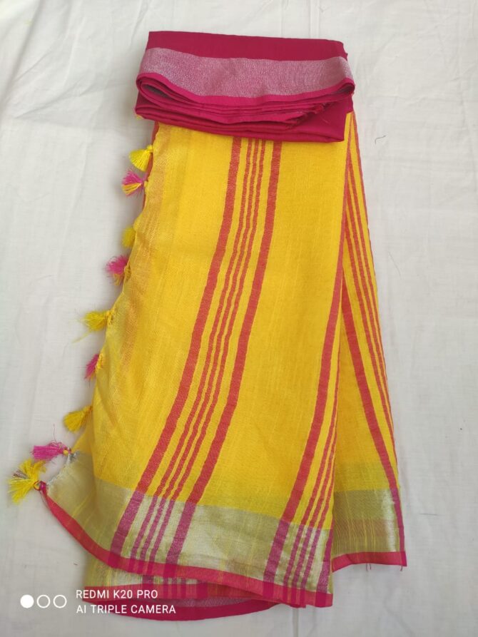 Yellow with Pink Golden Border Cotton Linen Saree