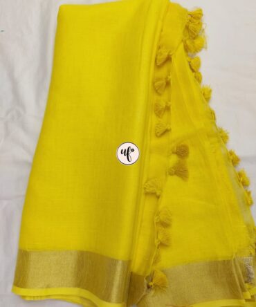 Lemon Yellow Solid Pure Linen Saree
