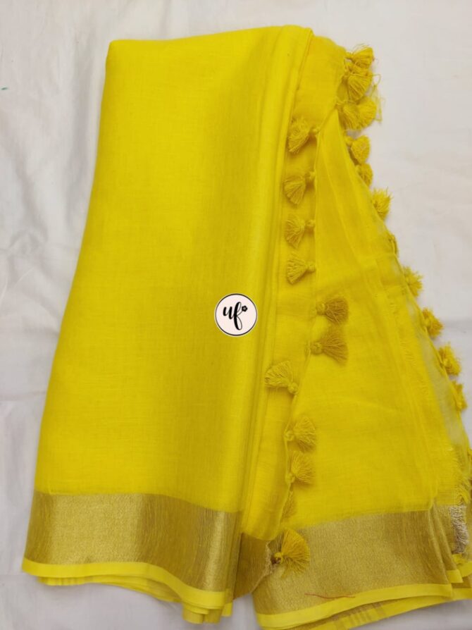 Lemon Yellow Solid Pure Linen Saree