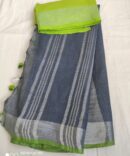 Grey With Green Silver Border Cotton Linen Saree
