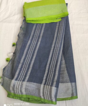 Grey With Green Silver Border Cotton Linen Saree