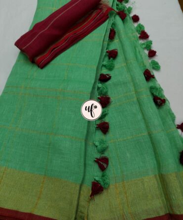Pickle Green And Red Border Solid Pure Linen Saree