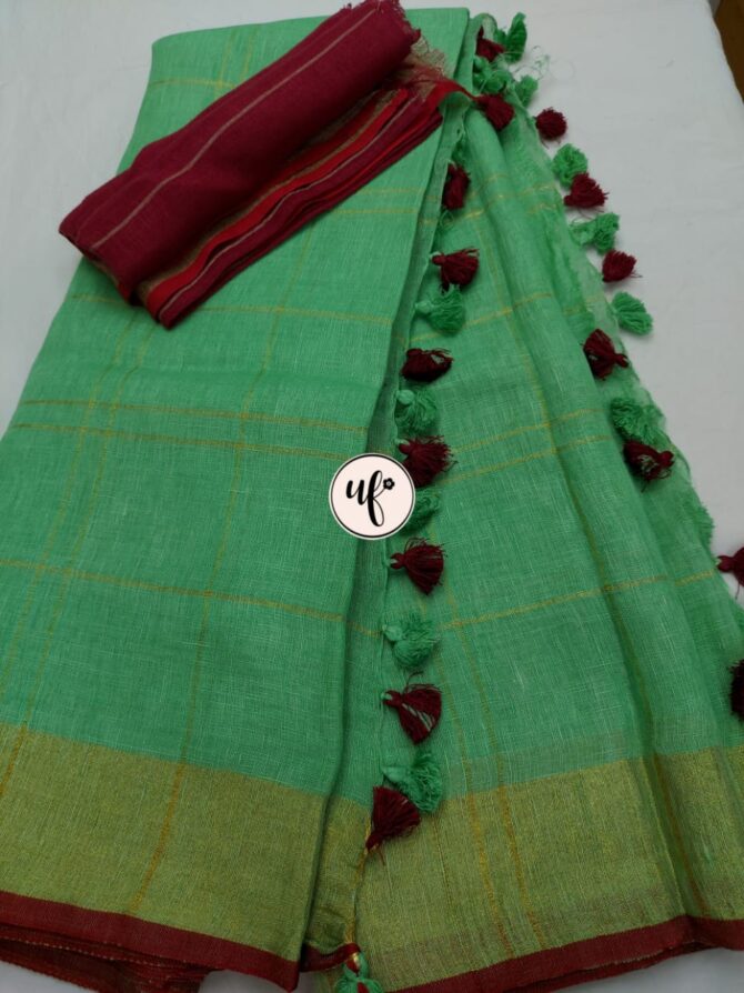 Pickle Green And Red Border Solid Pure Linen Saree