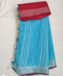 Sky Blue With Silver Red Border Cotton Linen Saree