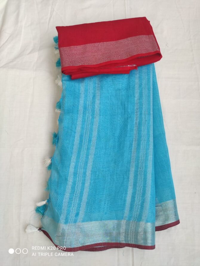 Sky Blue With Silver Red Border Cotton Linen Saree