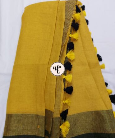 Medallion Yellow And Black Border Solid Pure Linen Saree