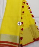 Yellow And Red Solid Pure Linen Saree