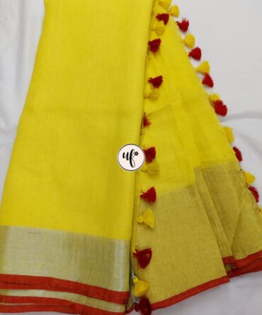 Yellow And Red Solid Pure Linen Saree