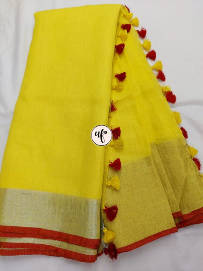 Yellow And Red Solid Pure Linen Saree