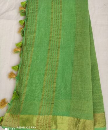 Leaf Green with Golden Border Cotton Linen Saree