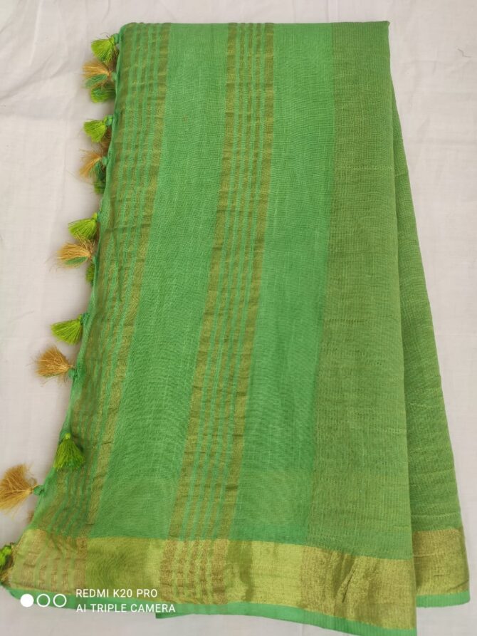 Leaf Green with Golden Border Cotton Linen Saree