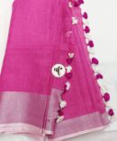 Onion Pink And Silver Border Solid Pure Linen Saree