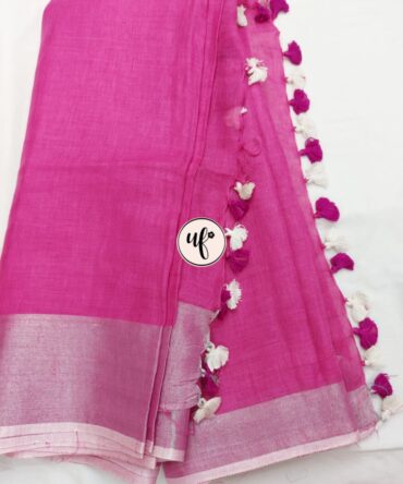 Onion Pink And Silver Border Solid Pure Linen Saree