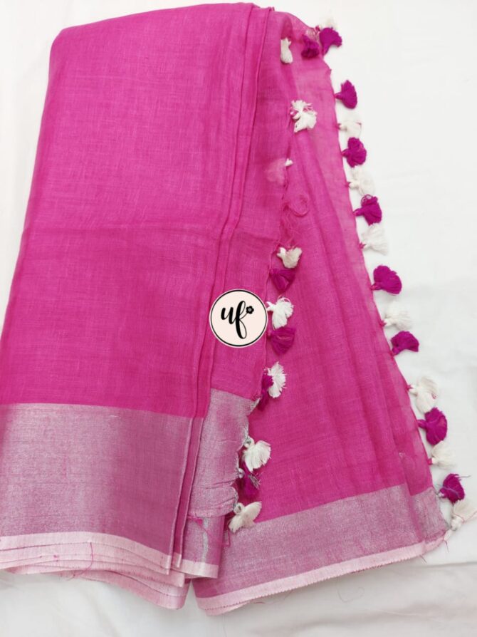 Onion Pink And Silver Border Solid Pure Linen Saree