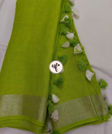 Pear Green And Silver Border Solid Pure Linen Saree