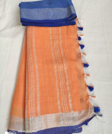 Squash Orange With Blue Silver Border Cotton Linen Saree