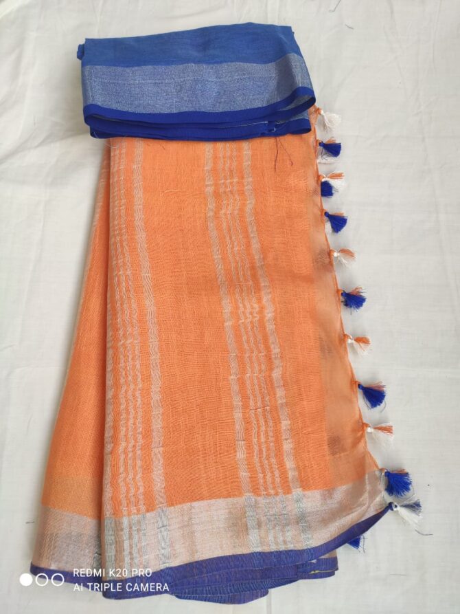 Squash Orange With Blue Silver Border Cotton Linen Saree