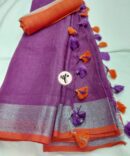 Purple And Orange Silver Border Solid Pure Linen Sare