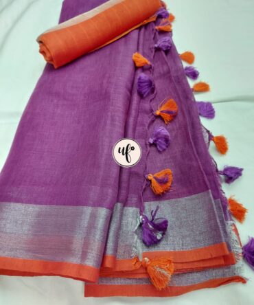Purple And Orange Silver Border Solid Pure Linen Sare
