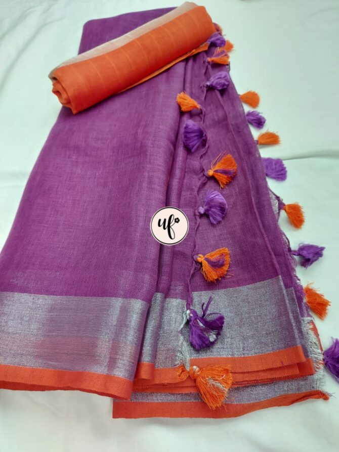 Purple And Orange Silver Border Solid Pure Linen Sare