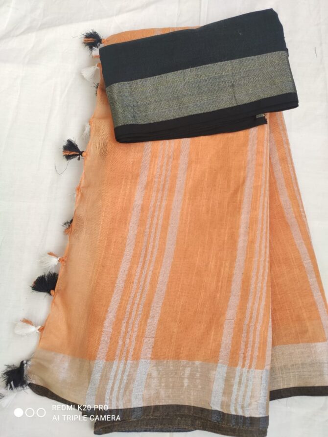 Skin Peach With Silver Black Border Cotton Linen Saree