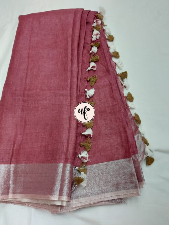 Fuschia Pink And Silver Border Solid Pure Linen Saree