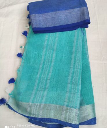 Light Blue With Silver Blue Border Cotton Linen Saree