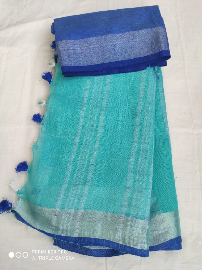 Light Blue With Silver Blue Border Cotton Linen Saree
