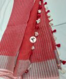 Light Red And Silver Border Solid Pure Linen Saree