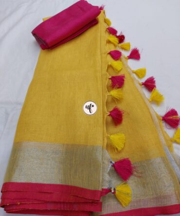 Light Yellow And Red Border Solid Pure linen Saree