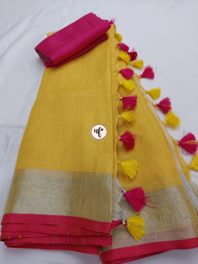 Light Yellow And Red Border Solid Pure linen Saree