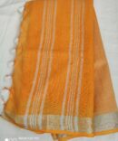 Turmeric Yellow With Silver Border Cotton Linen Saree