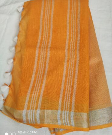 Turmeric Yellow With Silver Border Cotton Linen Saree