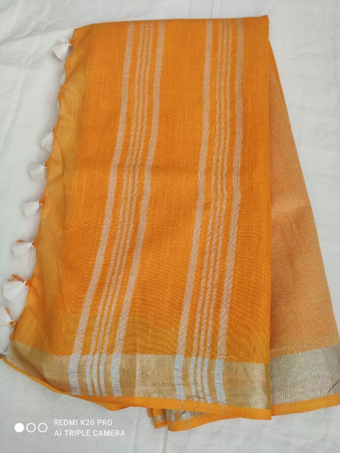 Turmeric Yellow With Silver Border Cotton Linen Saree