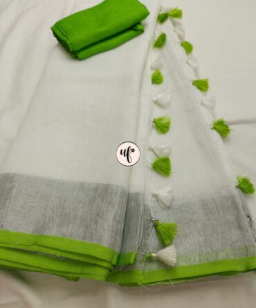 White And Lime Green Border Solid Pure Linen Saree