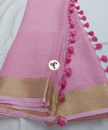 Baby Pink And Golden Border Solid Pure Linen Saree